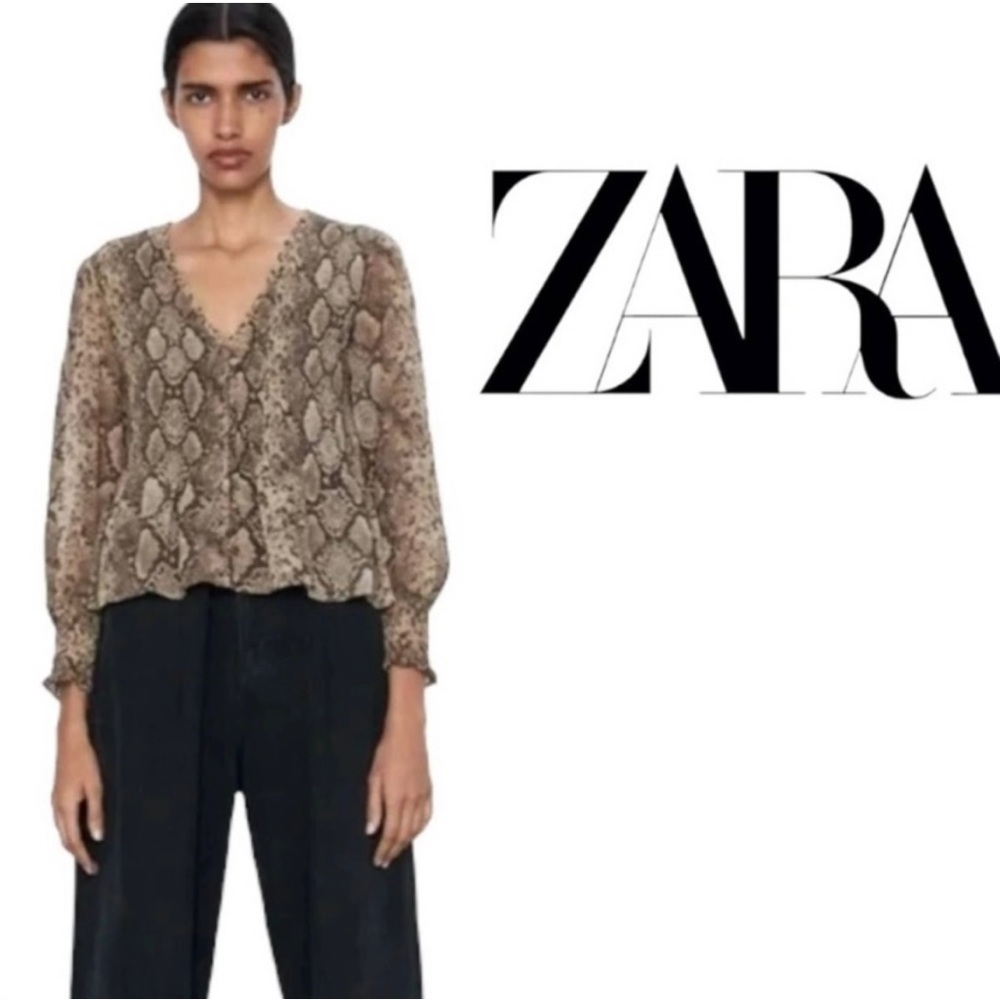 Zara Python Print Peplum V-Neck Semi-Sheer Long Sleeve Blouse NWT Size Small